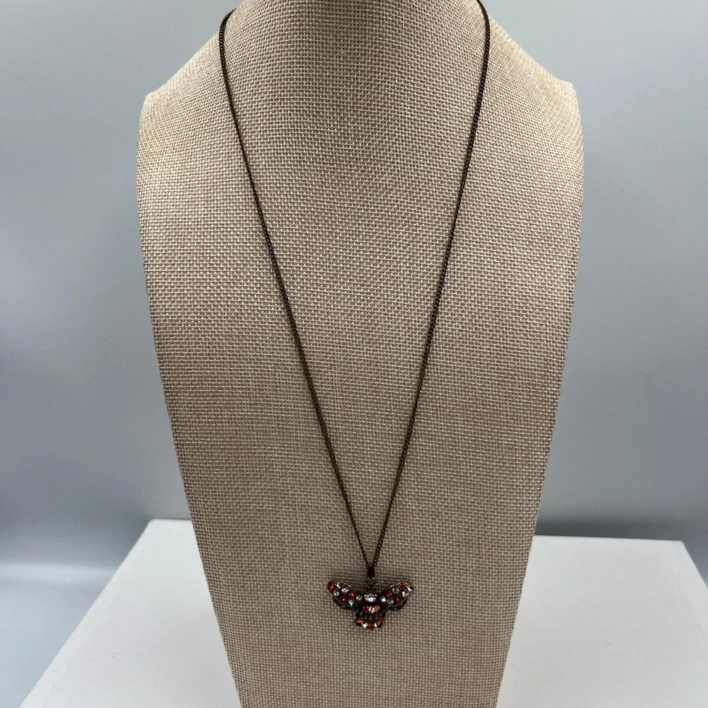 Vintage Bronze‎ Tone Bee Pendant Necklace Rhinestone Crystal Insect Jewelry Boho